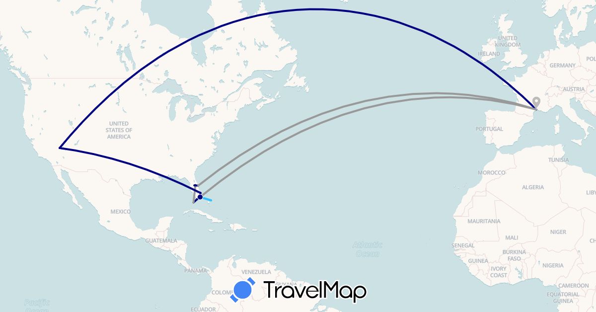 TravelMap itinerary: driving, plane, boat in Bahamas, France, United States (Europe, North America)